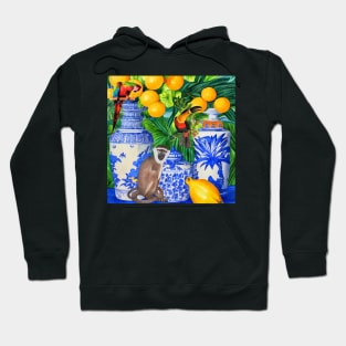 Monkey, toucan,  parrot and chinoiserie jars in tropical garden Hoodie